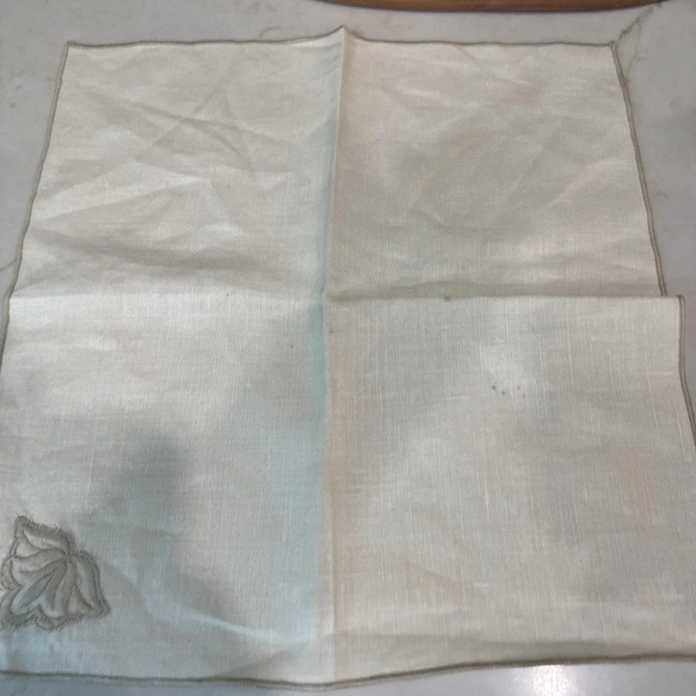 6 Vintage Linen Napkins Tone on Tone Embroidered Floral Tulip Farmhouse table
